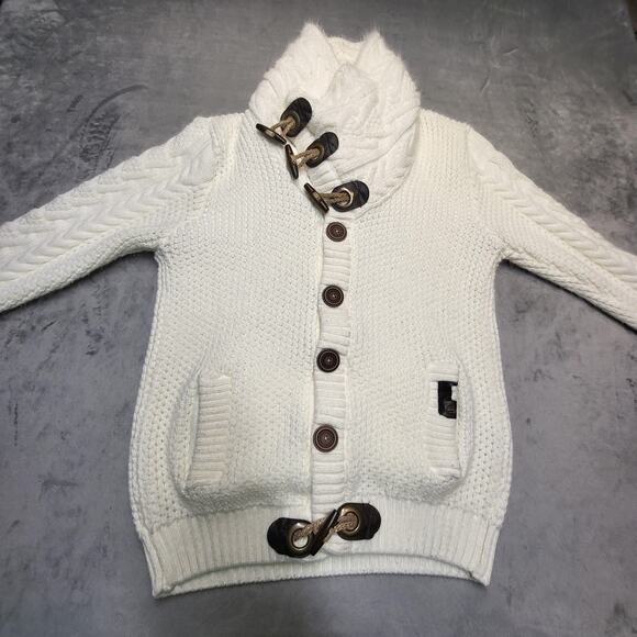 Leif Nelson Sweater Womens XL White Cardigan Toggle Buttons Cable Knit Cowl Neck - Picture 4 of 8
